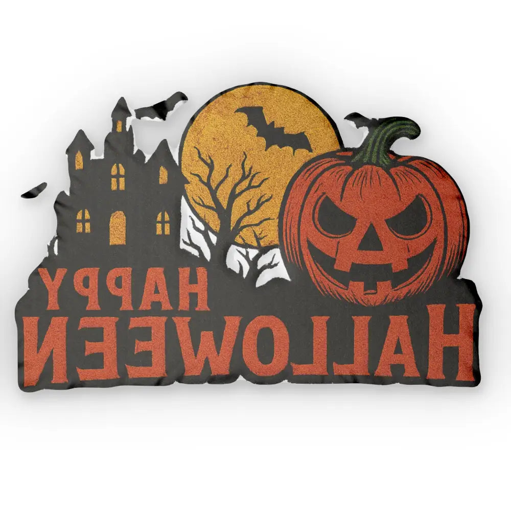 Black Halloween sign with haunted house moon bare tree jack-o’-lantern and spooky vibes straight