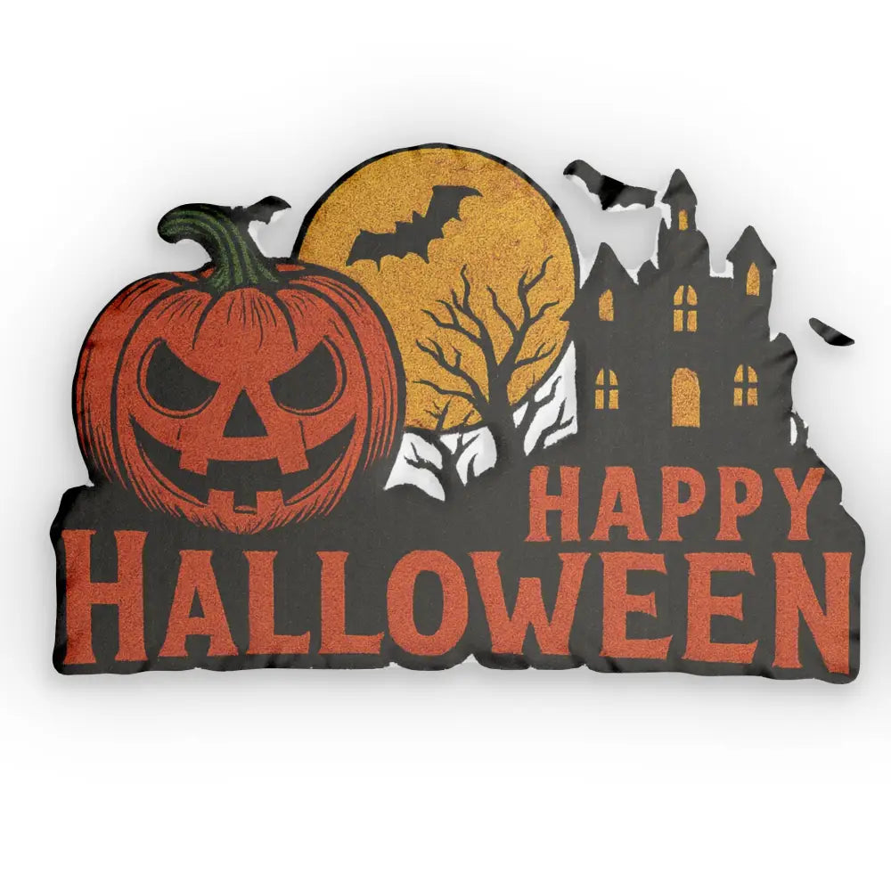 Halloween-themed decorative sign with haunted house, jack-o’-lantern, and full moon for haunted vibes straight