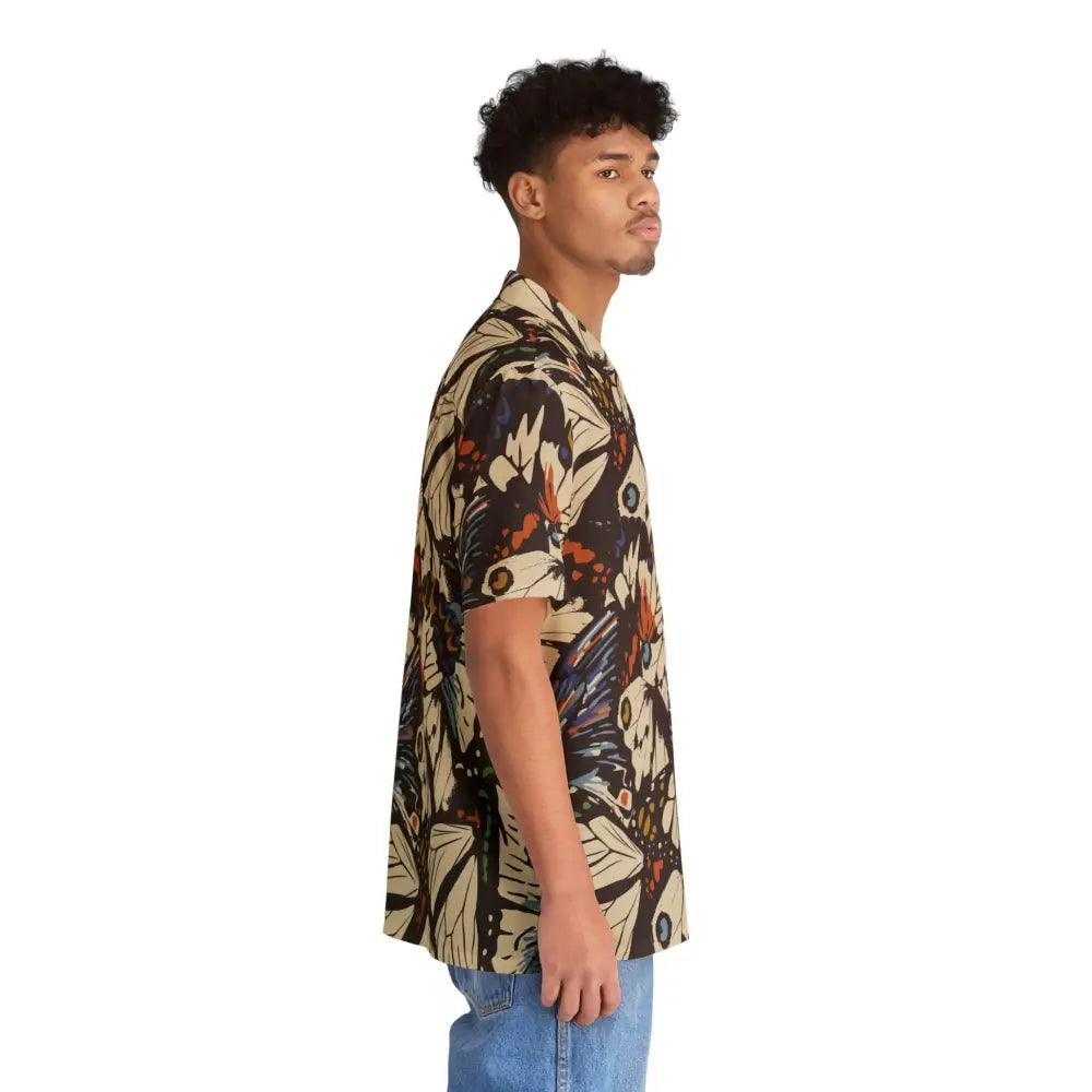 Man in vibrant butterfly print Hawaiian shirt from PixiOnyx Tropical Apparel