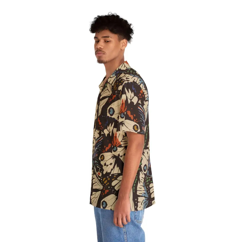 Man wearing vibrant Hawaiian Butterfly Print Short-Sleeve Shirt from PixiOnyx Tropical Apparel