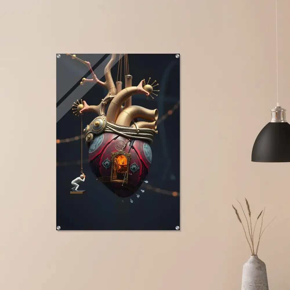 Steampunk-style heart art print displayed on Heart Machine Acrylic Art by PixiOnyx Lucid Core Panel