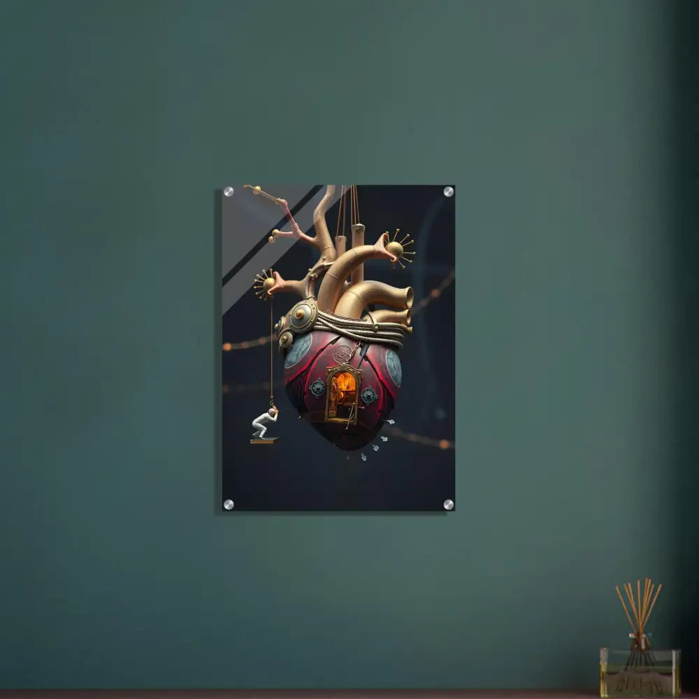 Steampunk heart art displayed on Heart Machine Acrylic Art The Bleeding Threshold by PixiOnyx