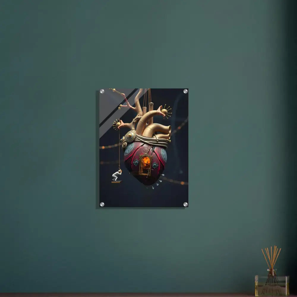 Heart-shaped steampunk acrylic art piece titled Heart Machine Acrylic Art The Bleeding Threshold by PixiOnyx Lucid Core Panel