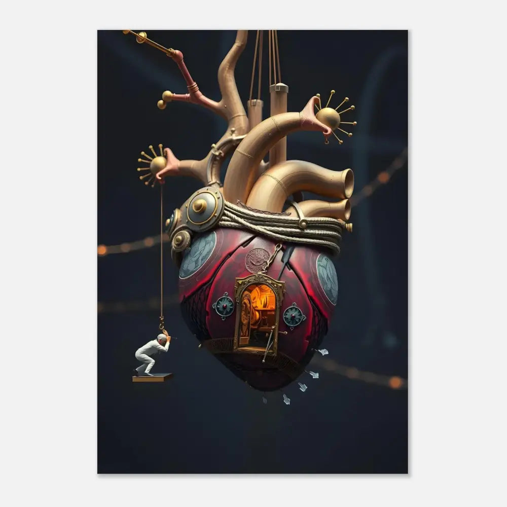 Steampunk heart with miniature house and figure on Heart Machine Aluminum Print by PixiOnyx