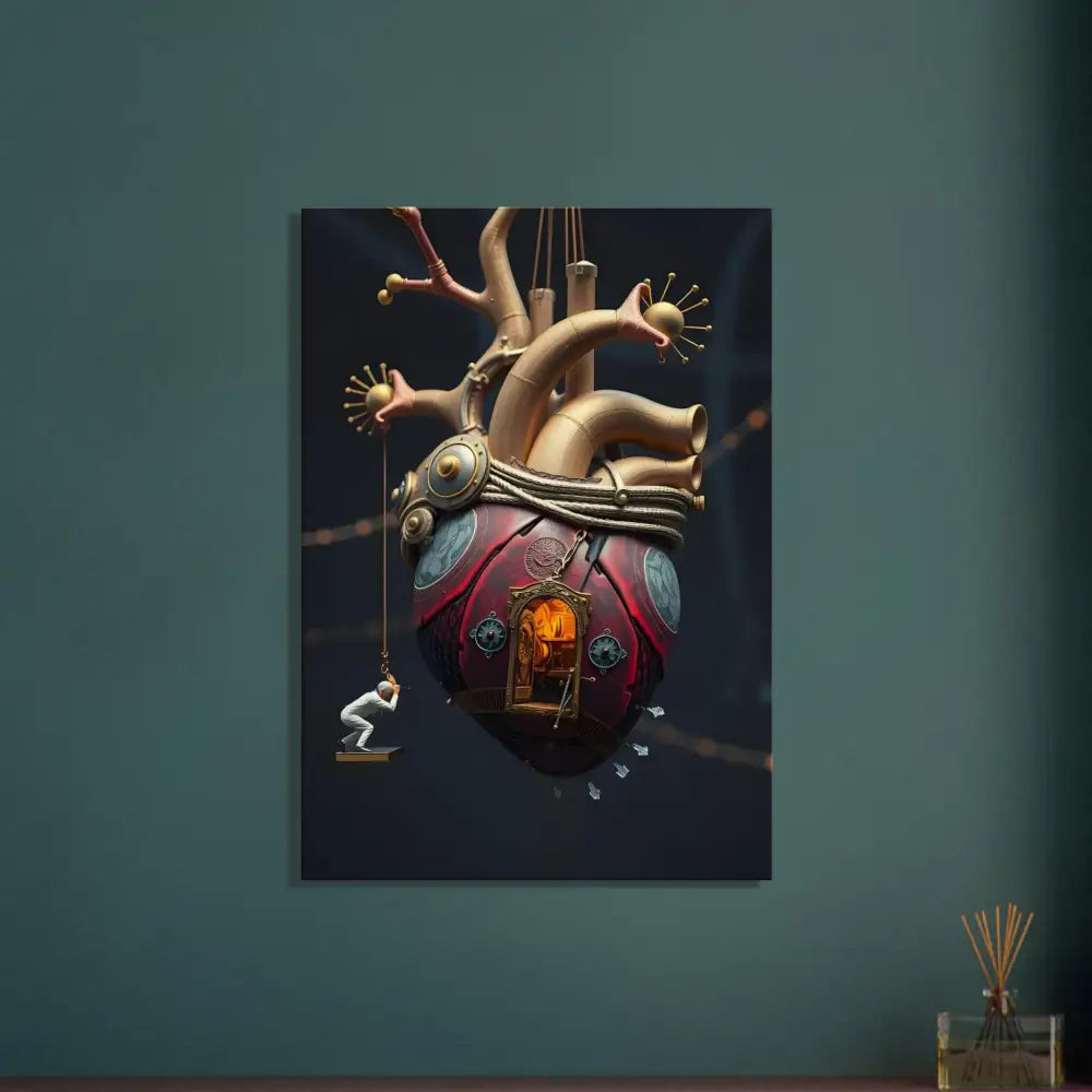Steampunk-style heart sculpture with miniature figure in PixiOnyx Surreal Wall Art