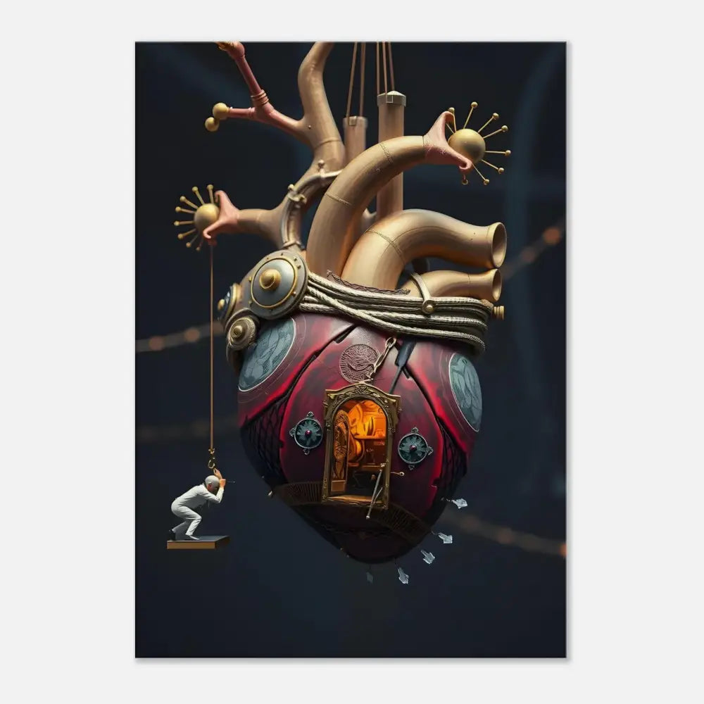 Steampunk heart with miniature figure displayed on Heart Machine Canvas Surreal Wall Art