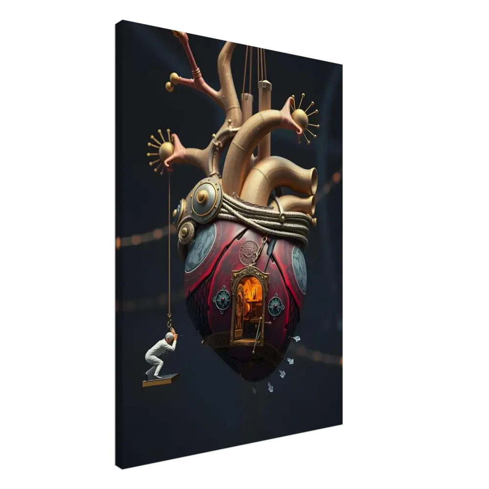 Steampunk heart with miniature house and swinging figure on Surreal Wall Art Canvas