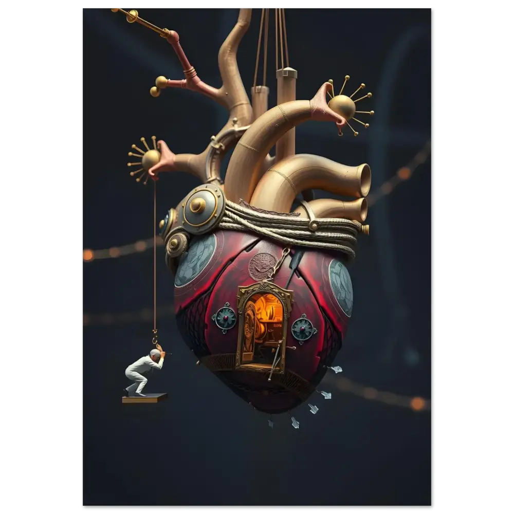 Steampunk heart with miniature house and swinging figure on Heart Machine Poster by PixiOnyx