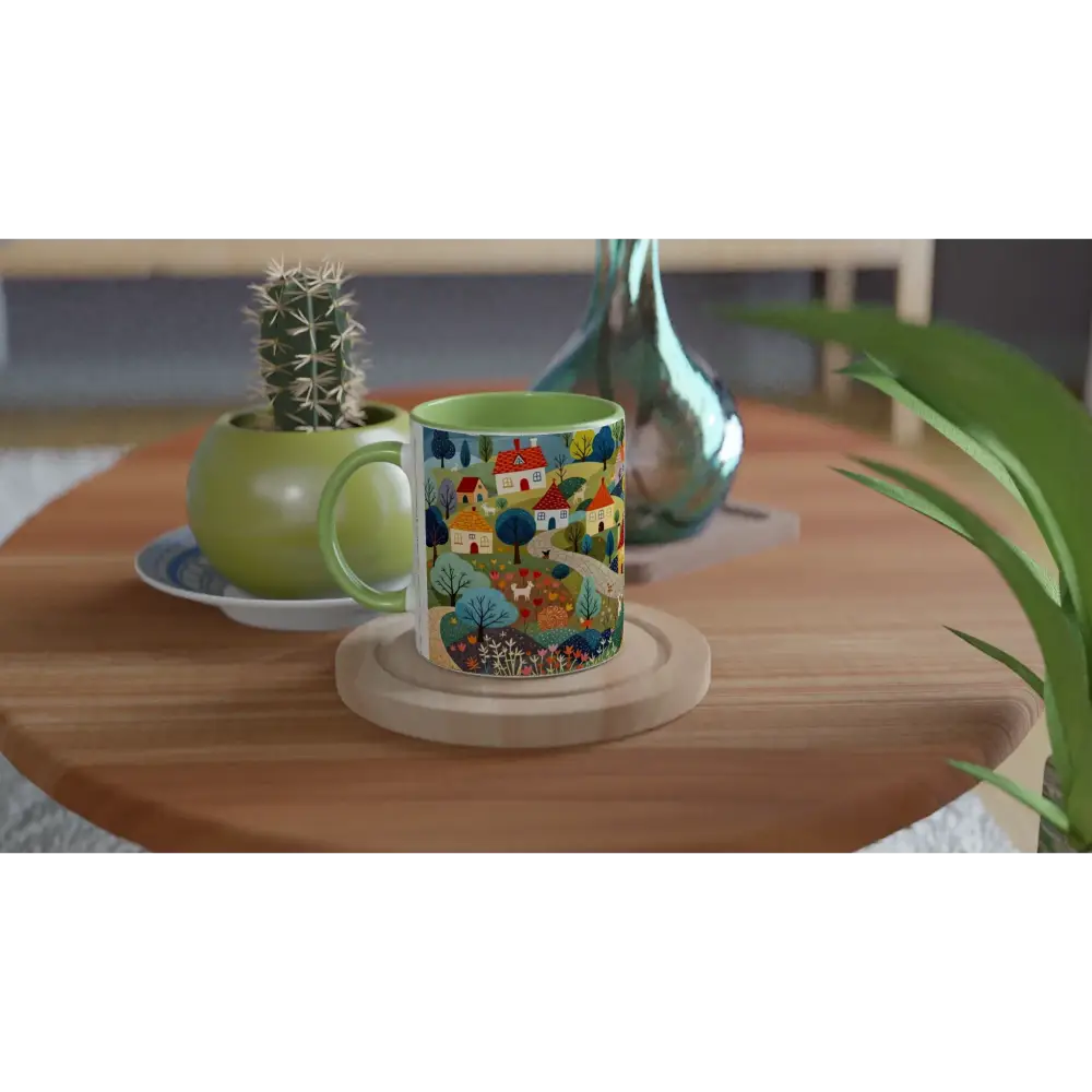 Hillside Harmony green accent ceramic mug with colorful pastoral village scene