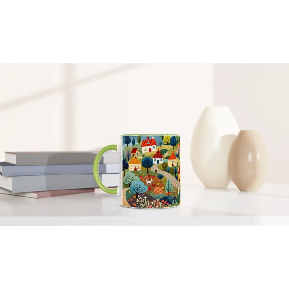 Colorful village-themed ceramic mug from Hillside Harmony PixiOnyx Whimsical Village Collection