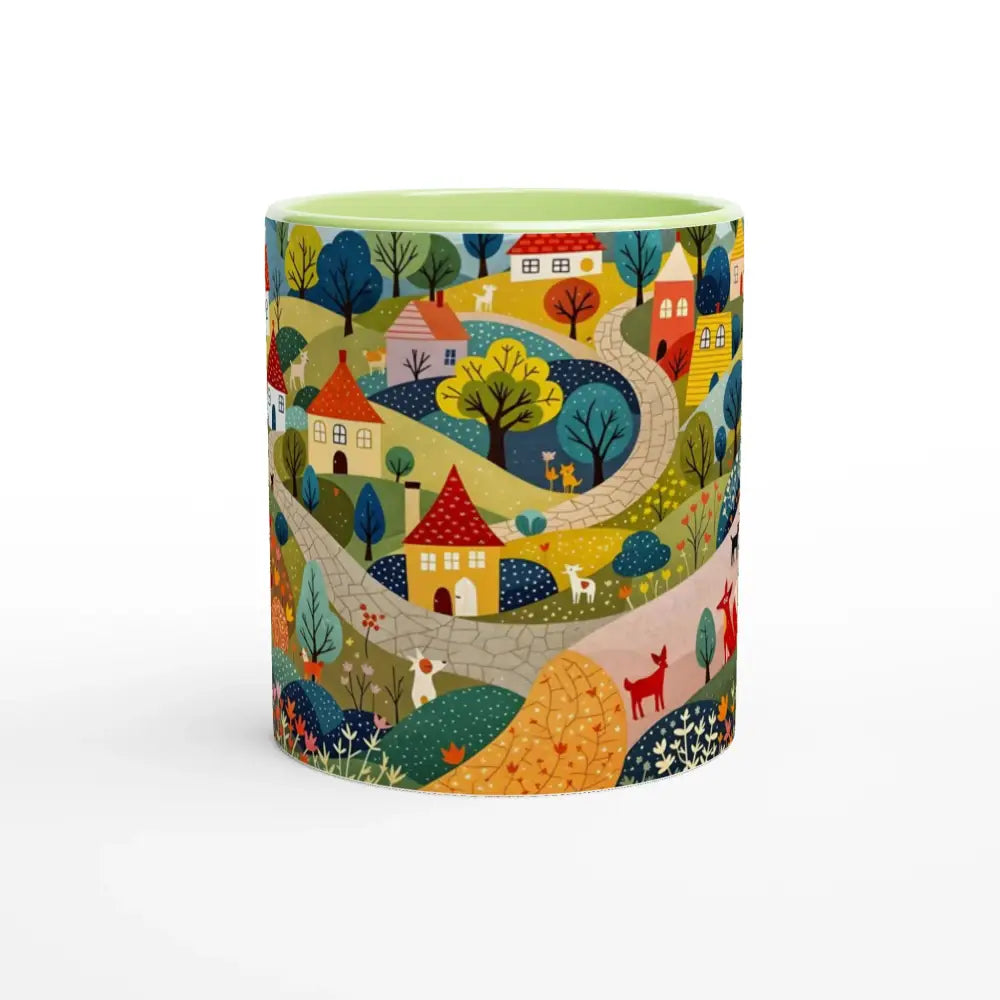 Hillside Harmony green accent ceramic mug with whimsical village and nature scene