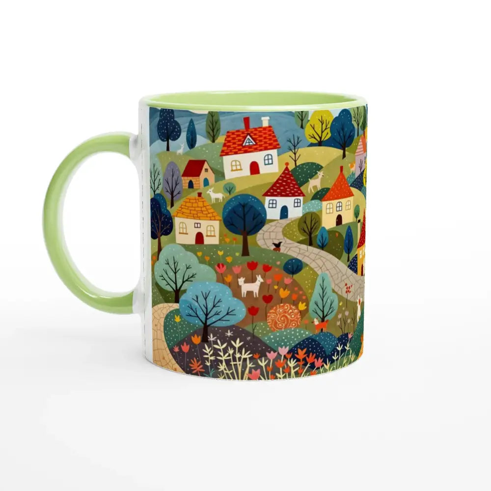 Hillside Harmony green accent ceramic mug with whimsical village landscape illustration