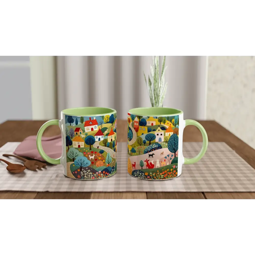 Hillside Harmony green accent ceramic mug with colorful village and nature scene