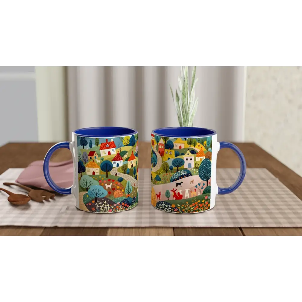 Hillside Harmony green accent ceramic mug with vibrant village landscape design