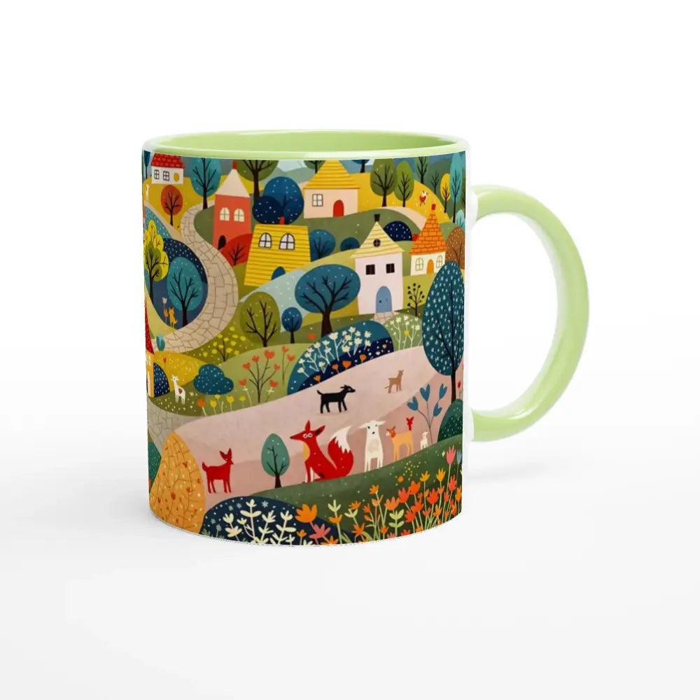 Hillside Harmony green accent ceramic mug with whimsical town and animal illustration