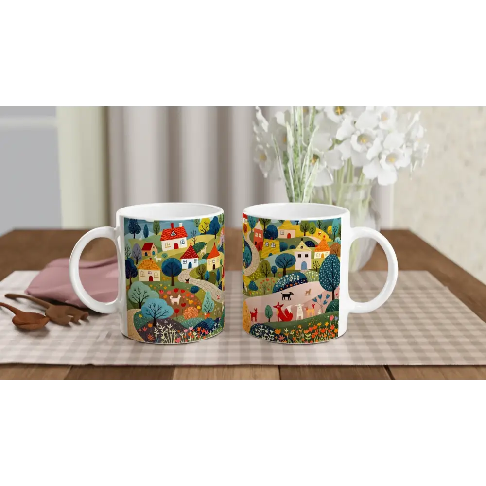 Hillside Harmony green accent ceramic mug with colorful whimsical village and animal design