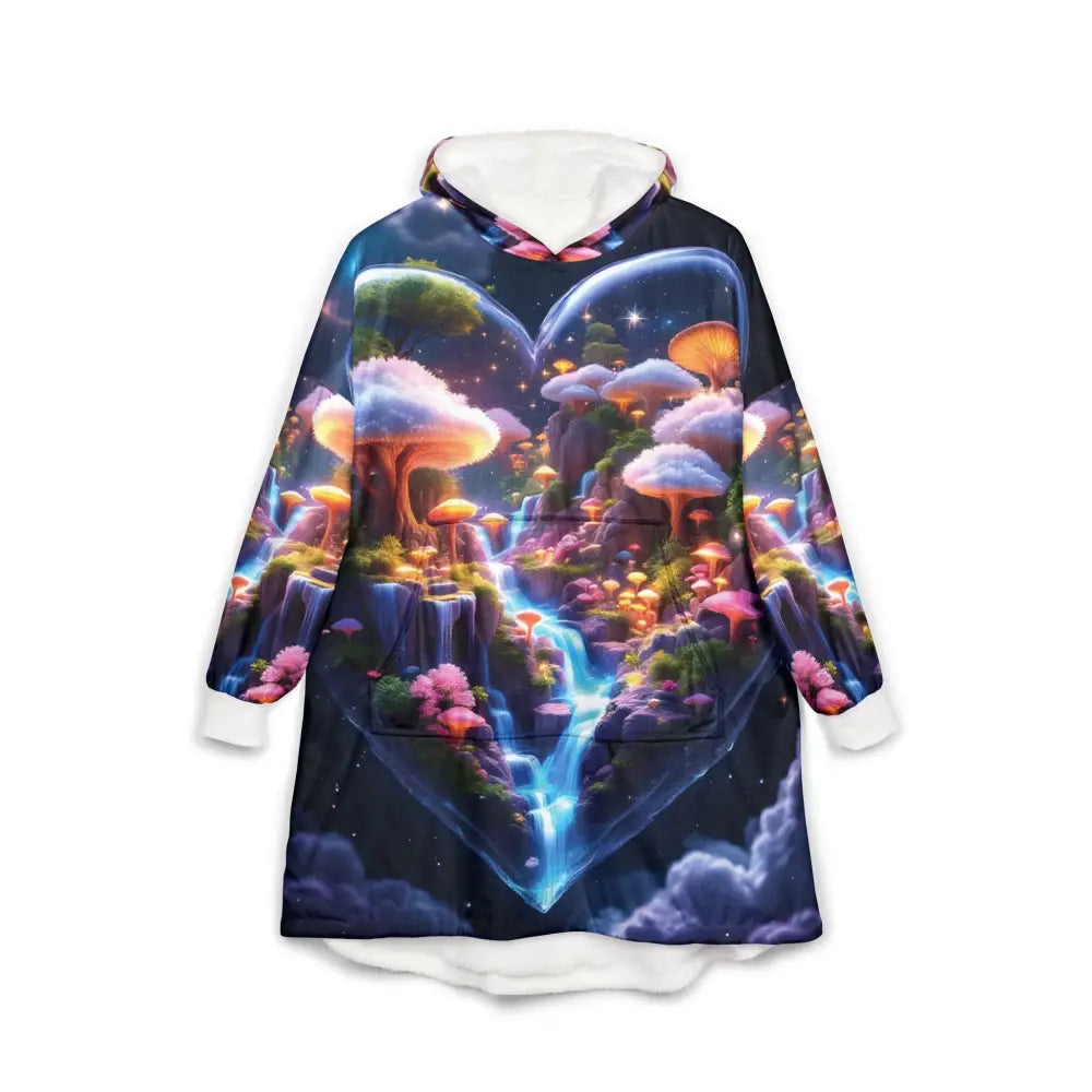 Oversized mushroom fantasy hoodie from PixiOnyx Cosmic Heart collection featuring psychedelic galaxy print