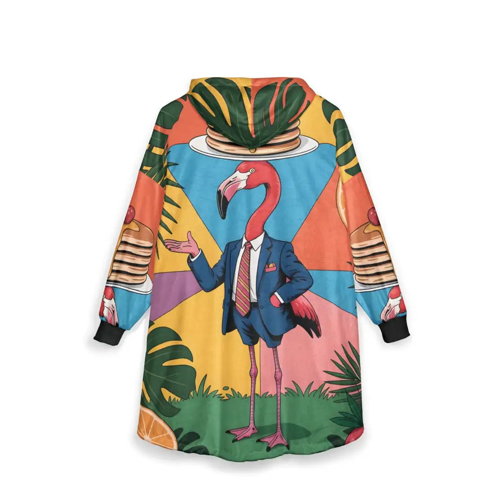 Colorful hooded wearable blanket with flamingo waiter, pancakes, from PixiOnyx Loungecore Luxe