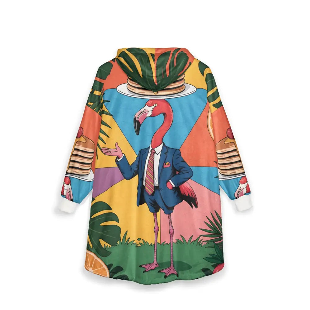 Colorful flamingo waiter hooded blanket with pancake stacks from PixiOnyx Loungecore Luxe