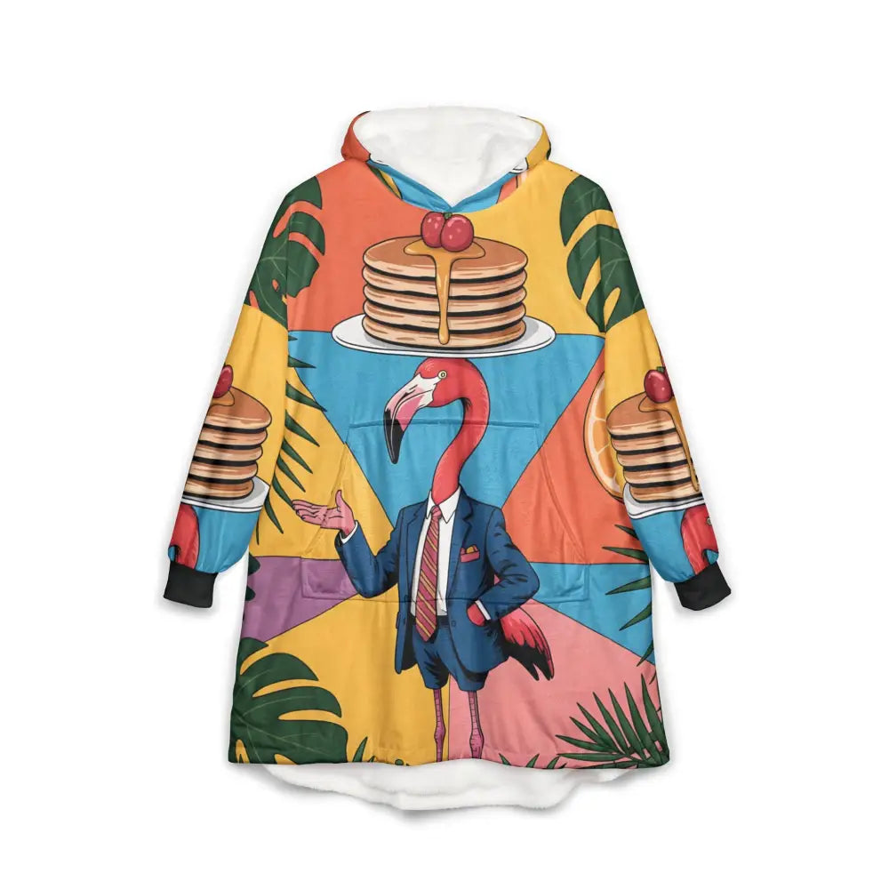 Vibrant oversized hooded blanket with flamingo waiter and pancakes by Honson Ventures Limited