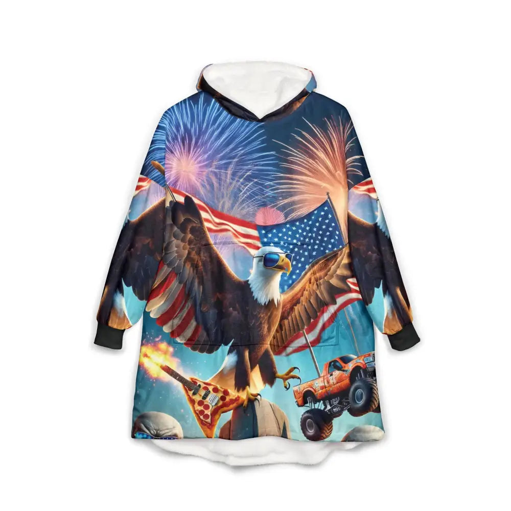 Oversized hooded sweatshirt with patriotic imagery from PixiOnyx Freedom Shreds Eternal blanket