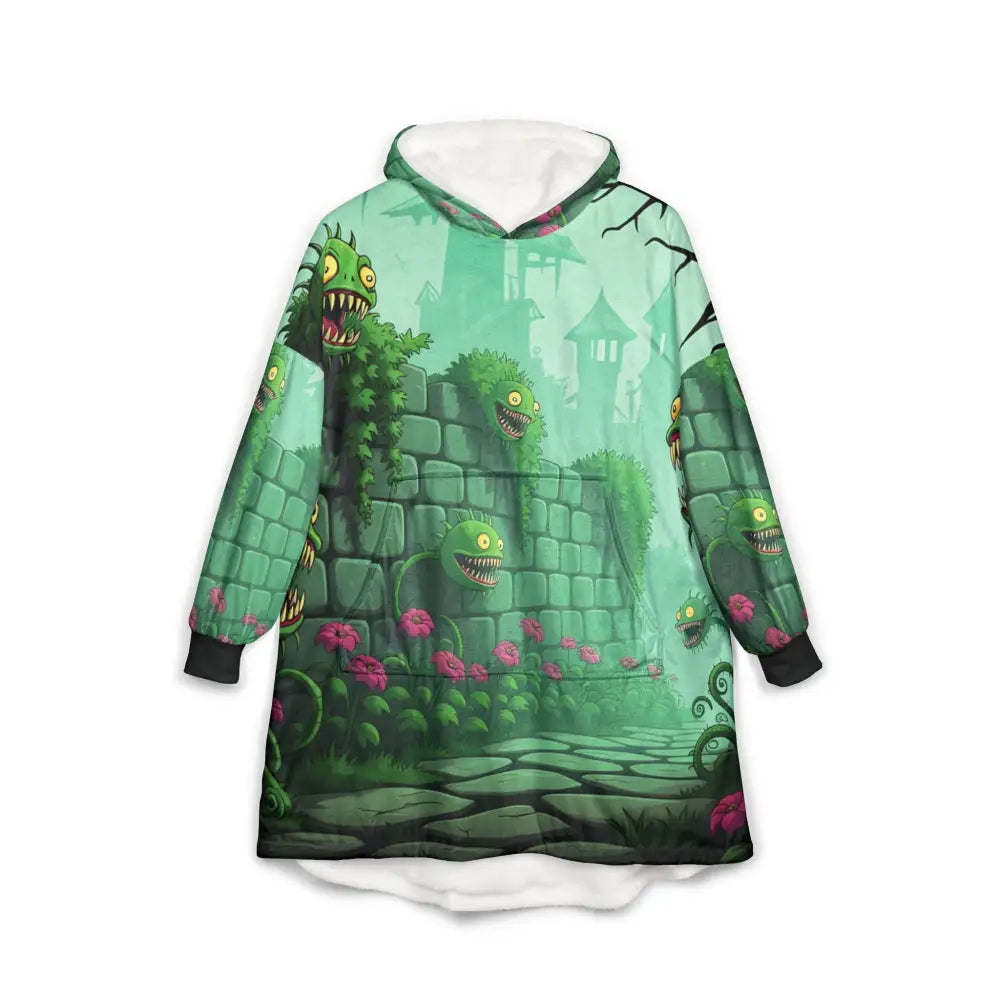 Oversized hooded blanket with monster garden design from Grinvine Grove PixiOnyx Monstercore Cozywear