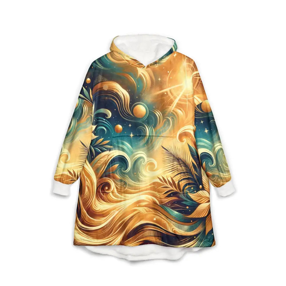 Artistic hooded blanket sweatshirt featuring cosmic nebula and blooming cascade design