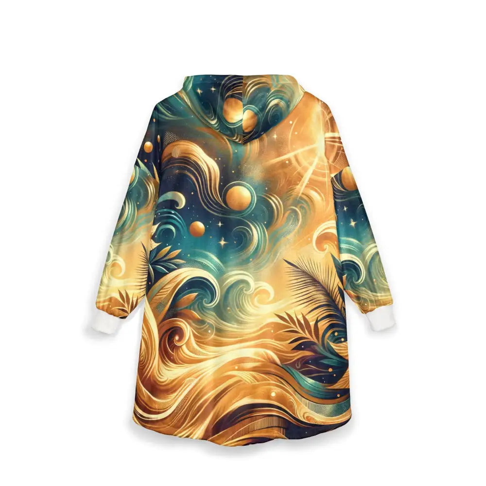 Artistic hooded blanket with nebula-inspired cosmic swirl design from PixiOnyx