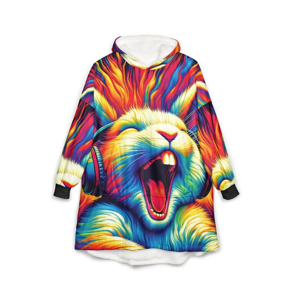 Oversized hoodie with colorful rabbit design from PixiOnyx Chaos Comfort Cloak
