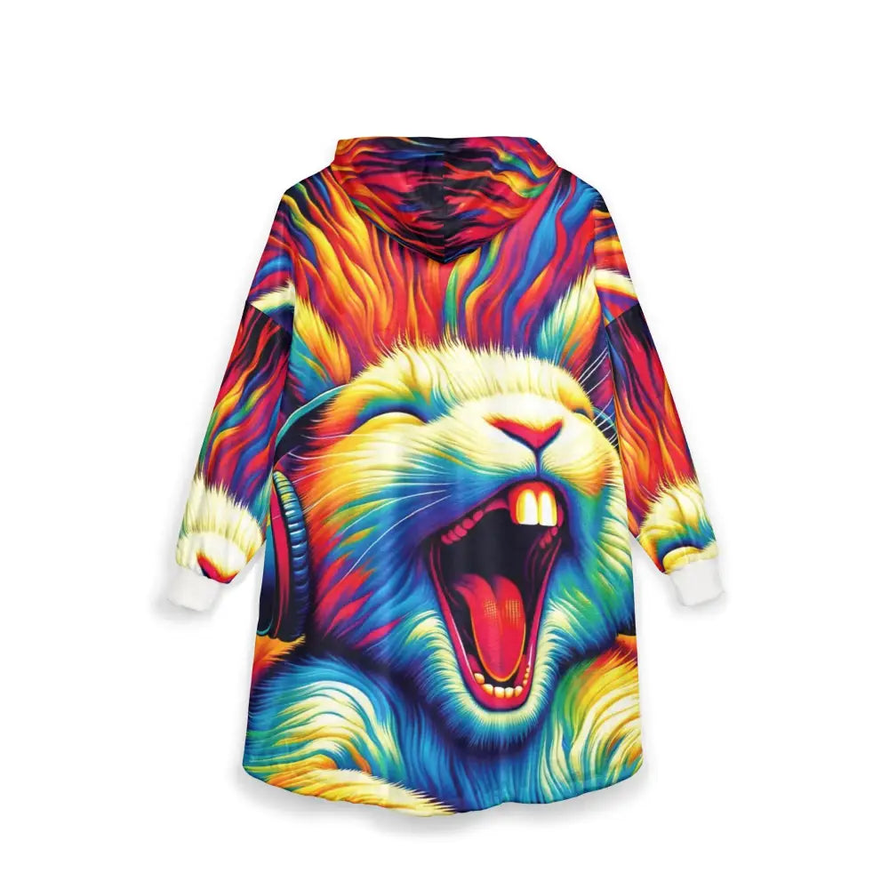 Colorful rabbit-themed hooded blanket from PixiOnyx Chaos Comfort Cloak design