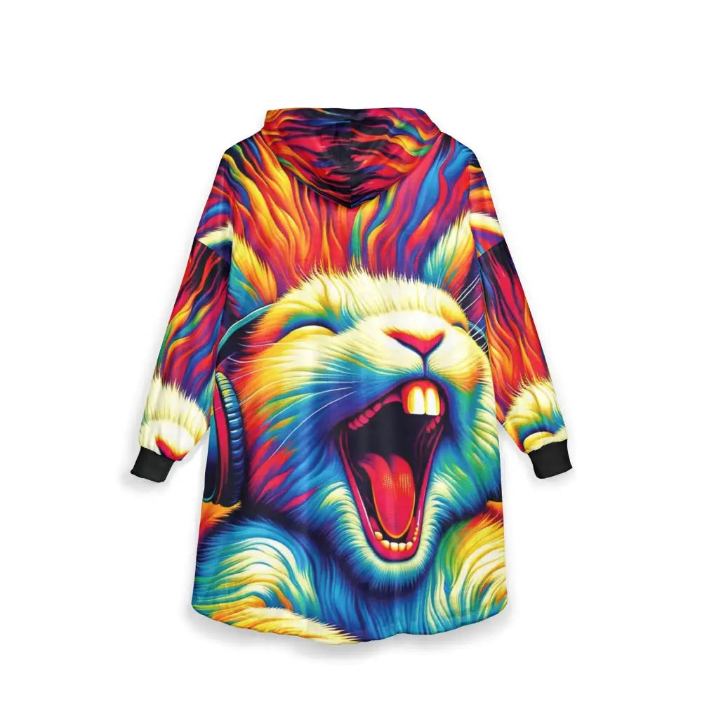 Colorful hooded blanket with screaming rabbit design from PixiOnyx Chaos Comfort Cloak