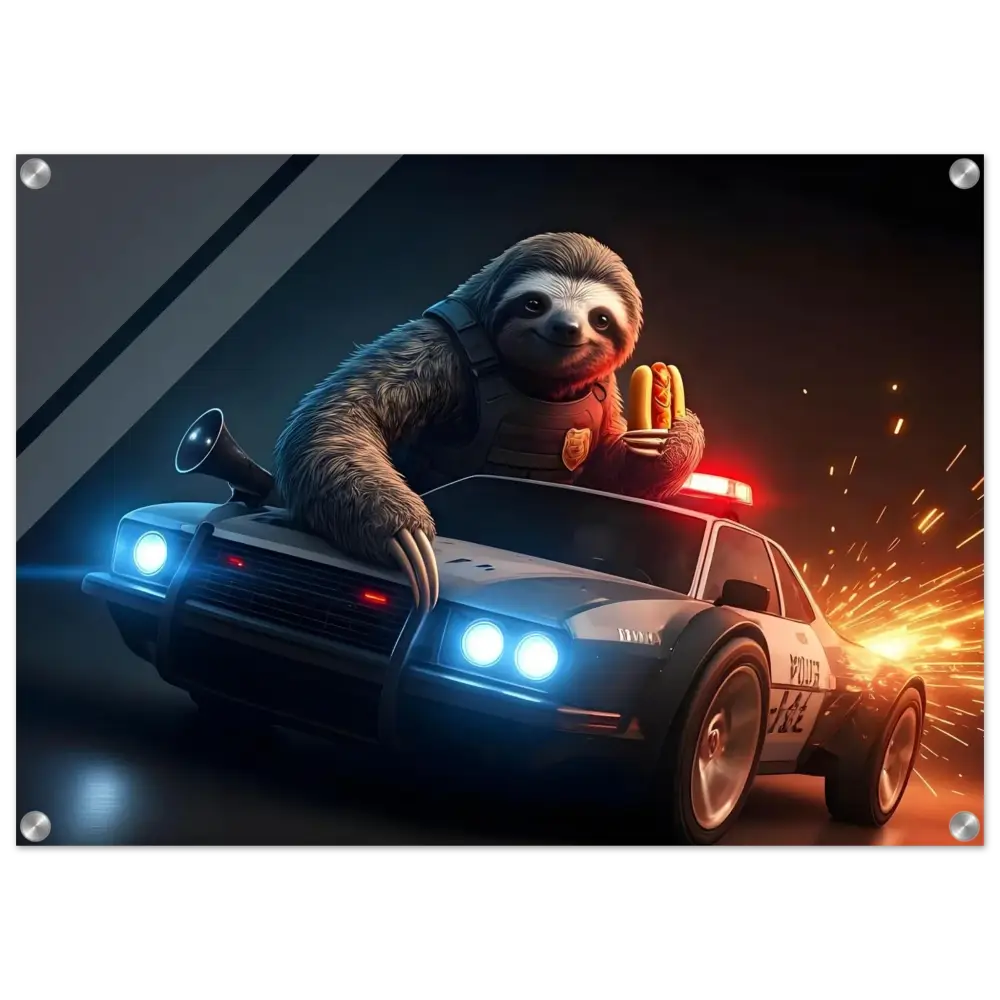 Sloth cop with hotdogs driving a police car on acrylic print titled Hot Pursuit Cold Hotdog