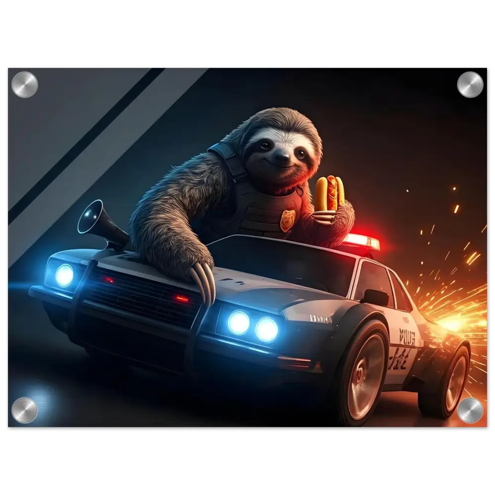 Sloth police officer in police car holding hotdogs on acrylic print titled Hot Pursuit Cold Hotdog