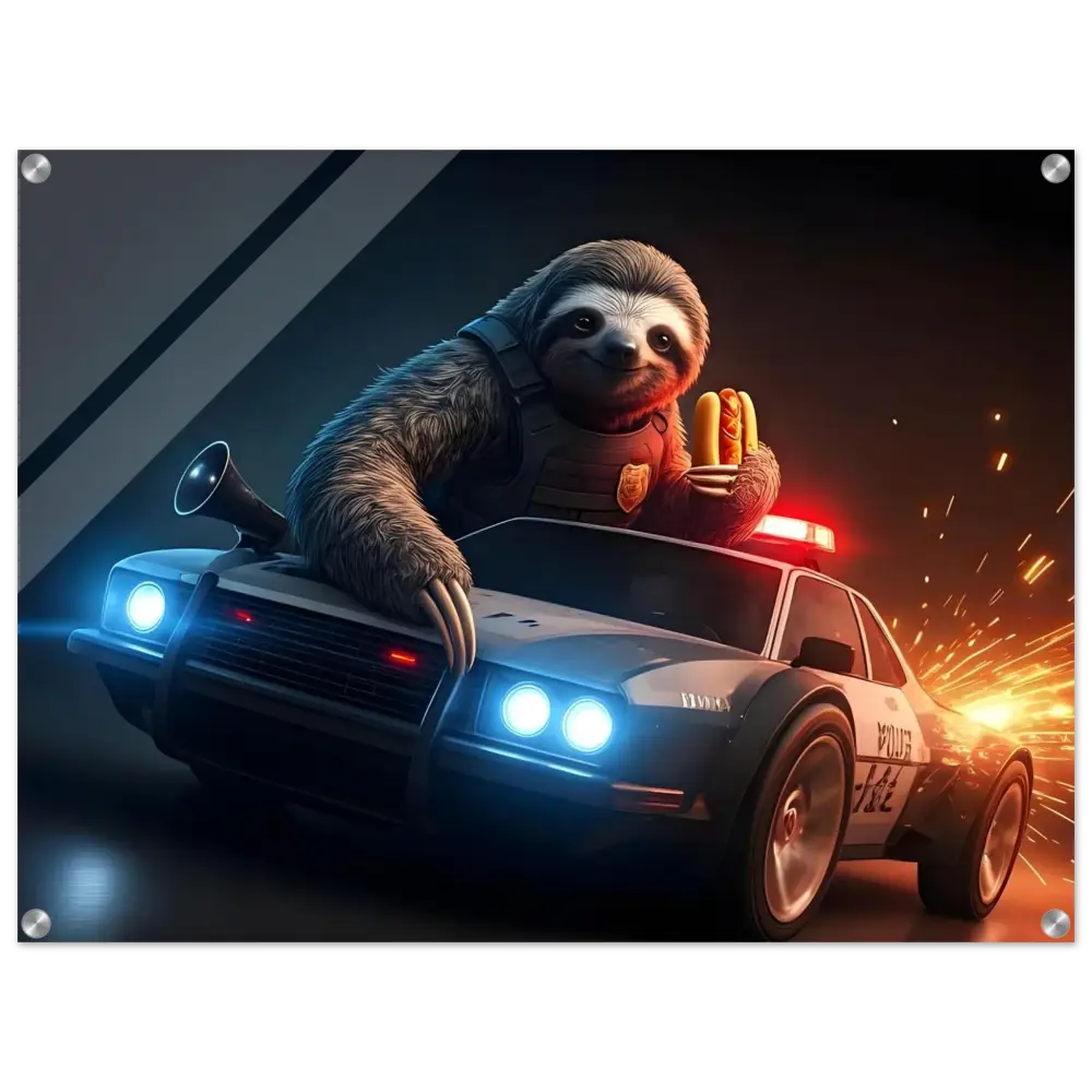 Sloth police officer speeding in a car with hotdogs for the Hot Pursuit Cold Hotdog acrylic print