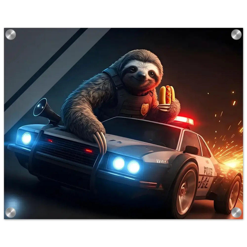 Sloth police officer in a souped-up car holding hotdogs for Hot Pursuit Cold Hotdog acrylic print