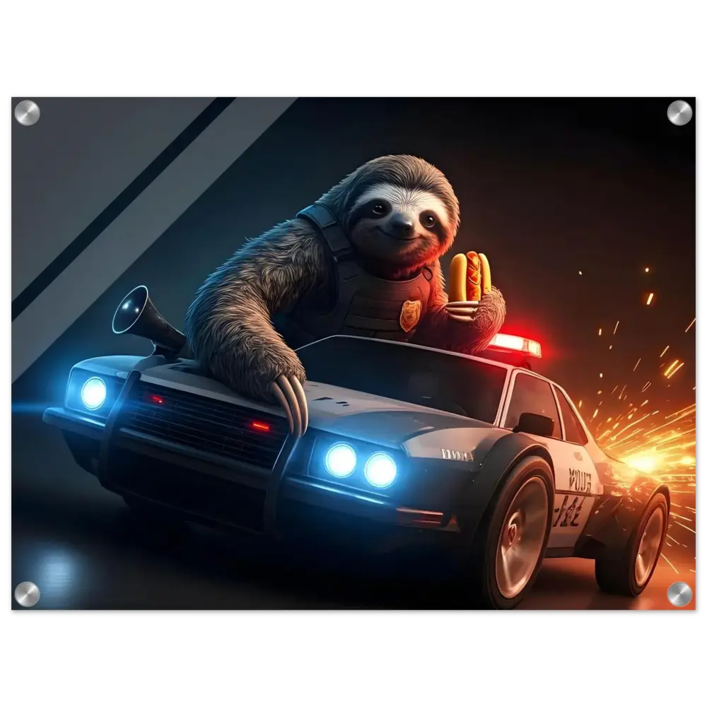 Sloth police officer driving a police car with hotdogs for PixiOnyx Acrylic Print