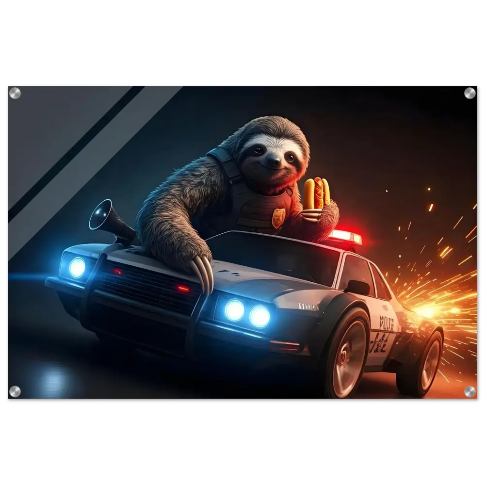 Sloth driving a police car with hotdogs for the Hot Pursuit Cold Hotdog Acrylic Print