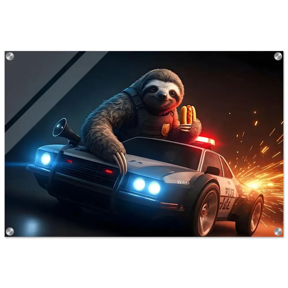 Sloth driving police car and holding hotdogs featured in Hot Pursuit Cold Hotdog acrylic print