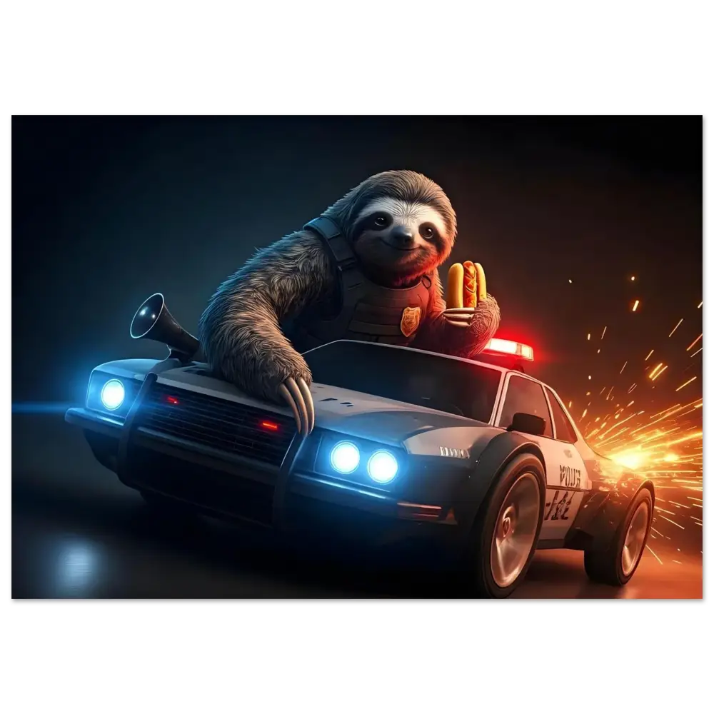 Sloth police officer driving a speeding car in the Hot Pursuit Cold Hotdog art poster