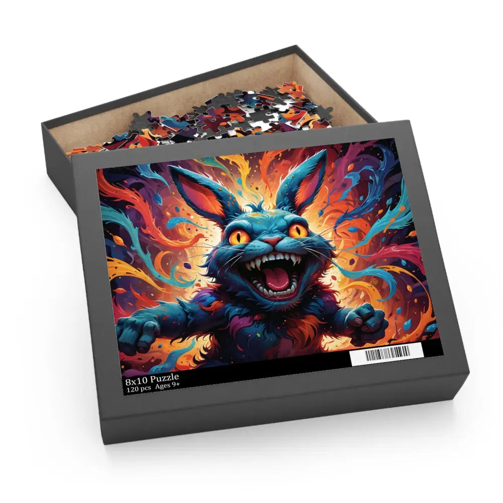 Colorful menacing rabbit puzzle box from Inferno Giggle Jigsaw Puzzle Psycho Cottontail Quartet PixiOnyx Chaotic Game Night Edition