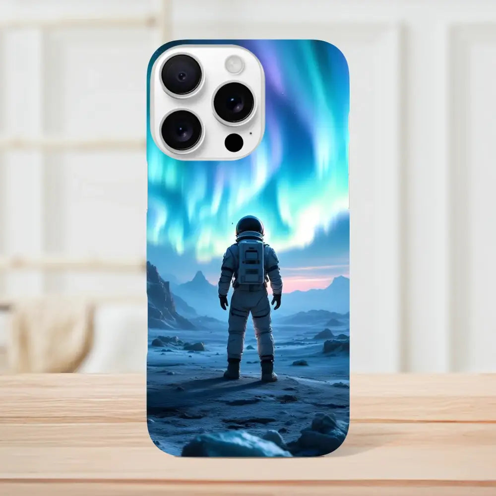 Astronaut under Aurora iPhone Slim Case displaying vibrant space-themed design