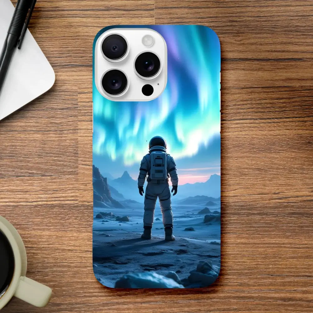 Astronaut with Aurora phone case on iPhone Slim Case PixiOnyx Stargaze Wrap
