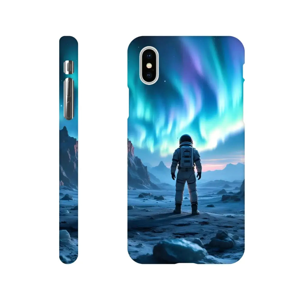 Astronaut under aurora iPhone slim case displayed on PixiOnyx Stargaze Wrap product