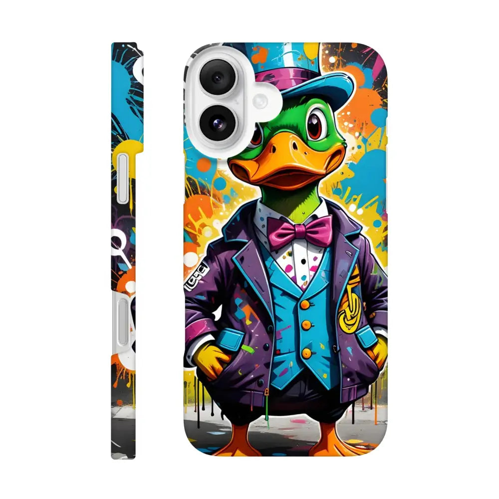 Duck-themed phone case for iPhone featuring gangster duck swagger logo on urban accessory