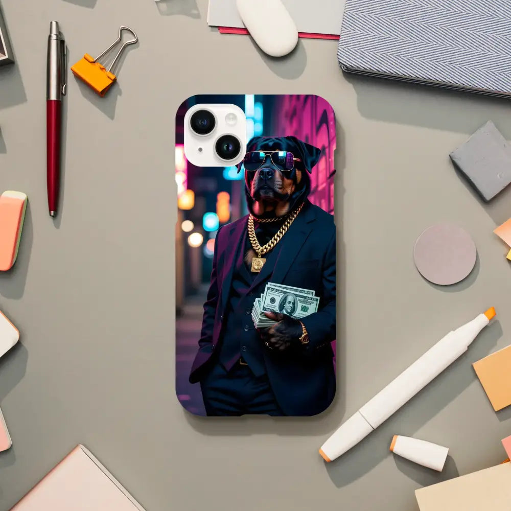 IPhone Slim Case with a dog in a suit featuring Kingpin K9 design on PixiOnyx Street Style