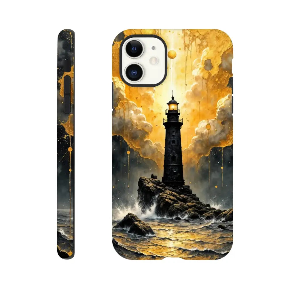 Black and gold lighthouse phone case with glossy polycarbonate outer surface for iPhone