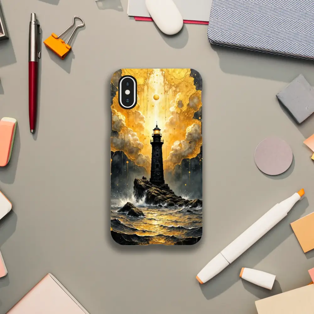 Smartphone with abstract lighthouse masterpiece on glossy polycarbonate outer case for iPhone
