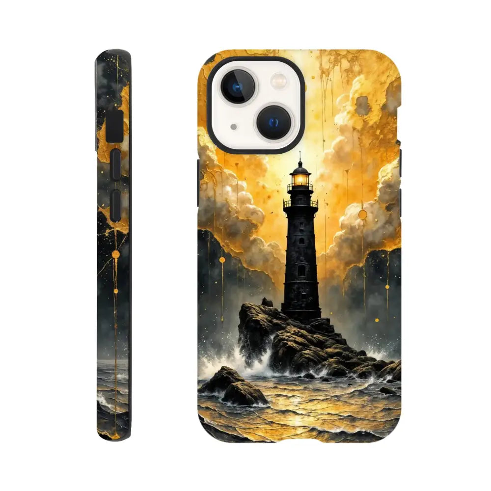 Black and gold lighthouse iPhone case with glossy polycarbonate outer surface, abstract lighthouse masterpiece