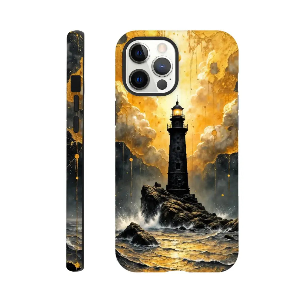 Black and gold lighthouse iPhone case with glossy polycarbonate outer surface and abstract lighthouse masterpiece design