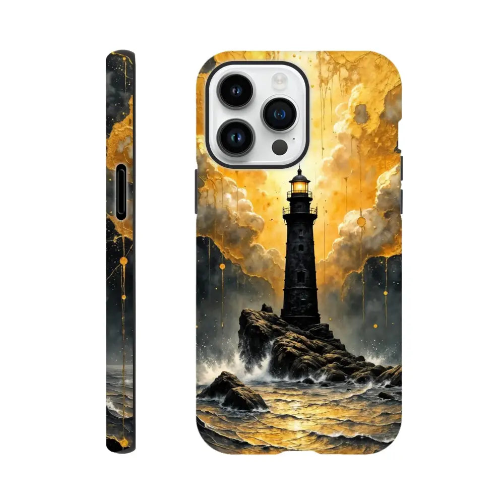 Black and gold lighthouse iPhone case with glossy polycarbonate outer surface for a sleek look